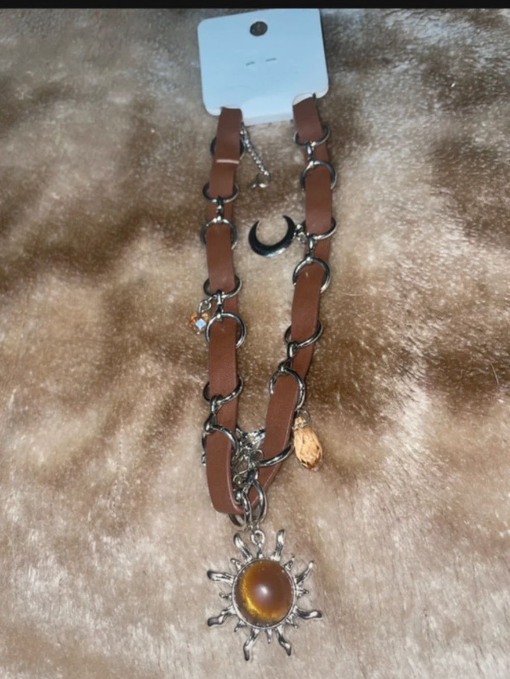 Women's Brown Sun Pendant Necklace with Crescent Charm